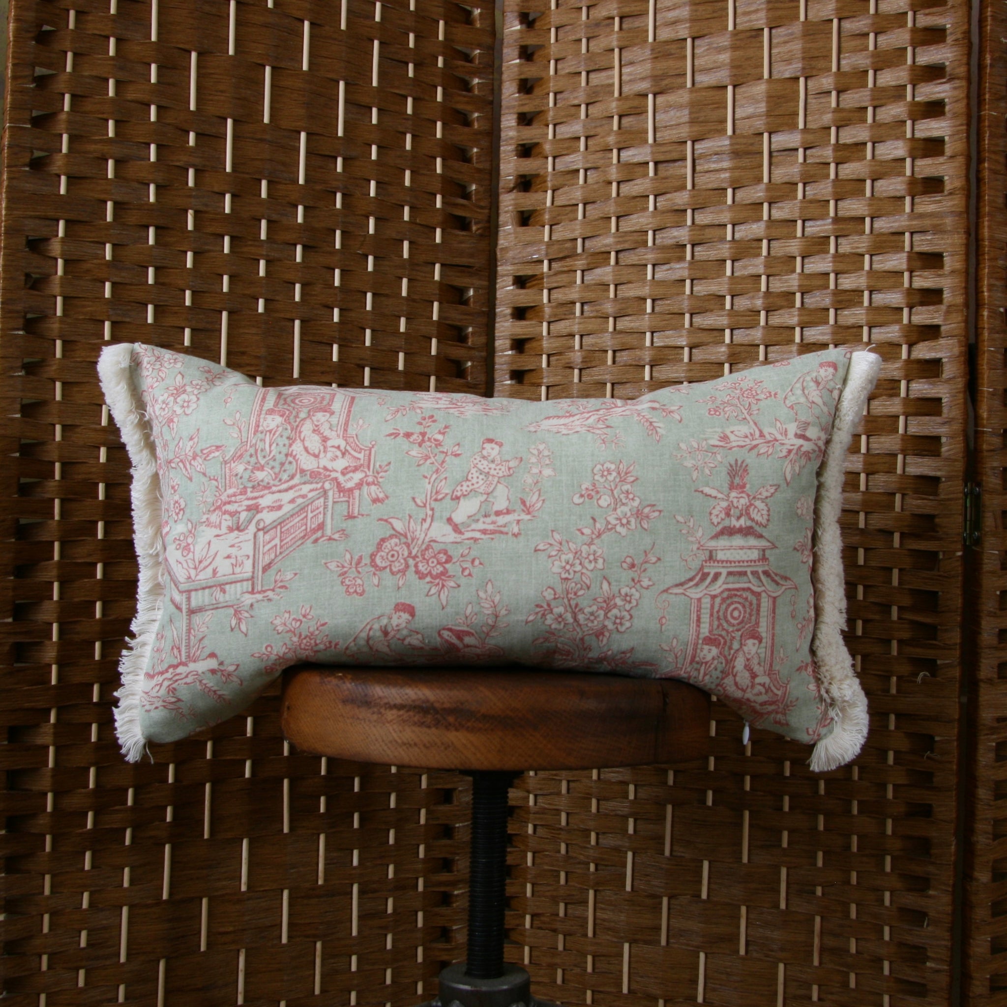 Oriental Green and Pink Fringed Cushion Bonny Boutique