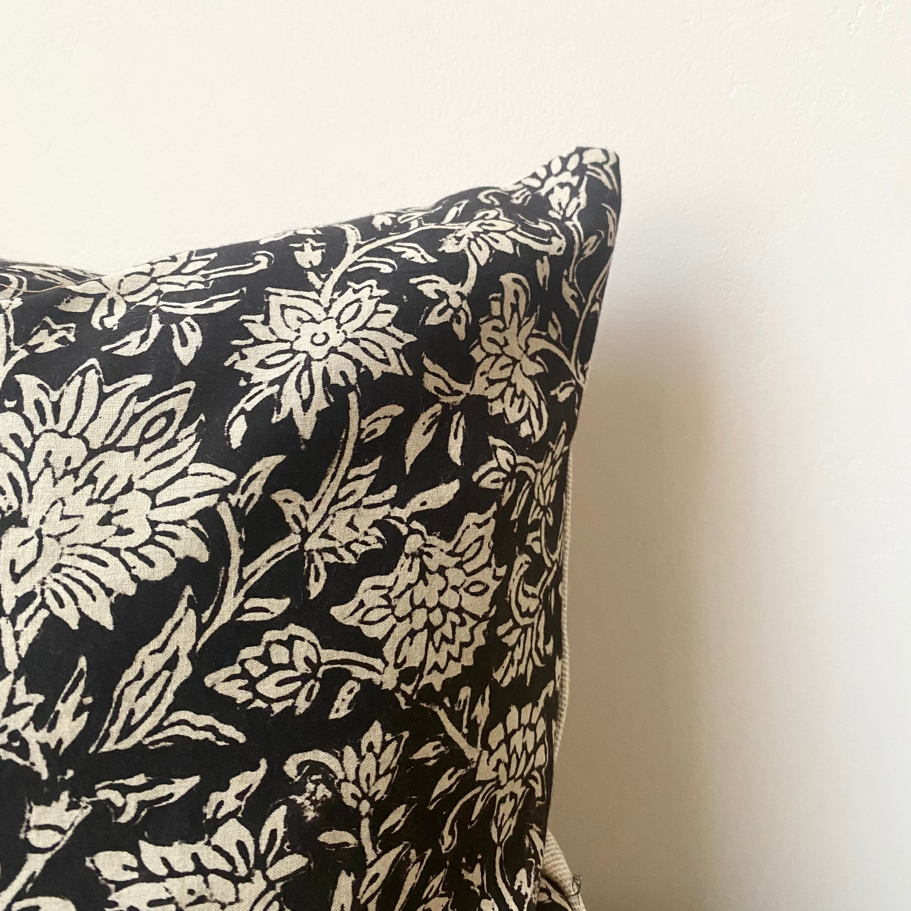 Black floral rectangle block print cushion Bonny Boutique