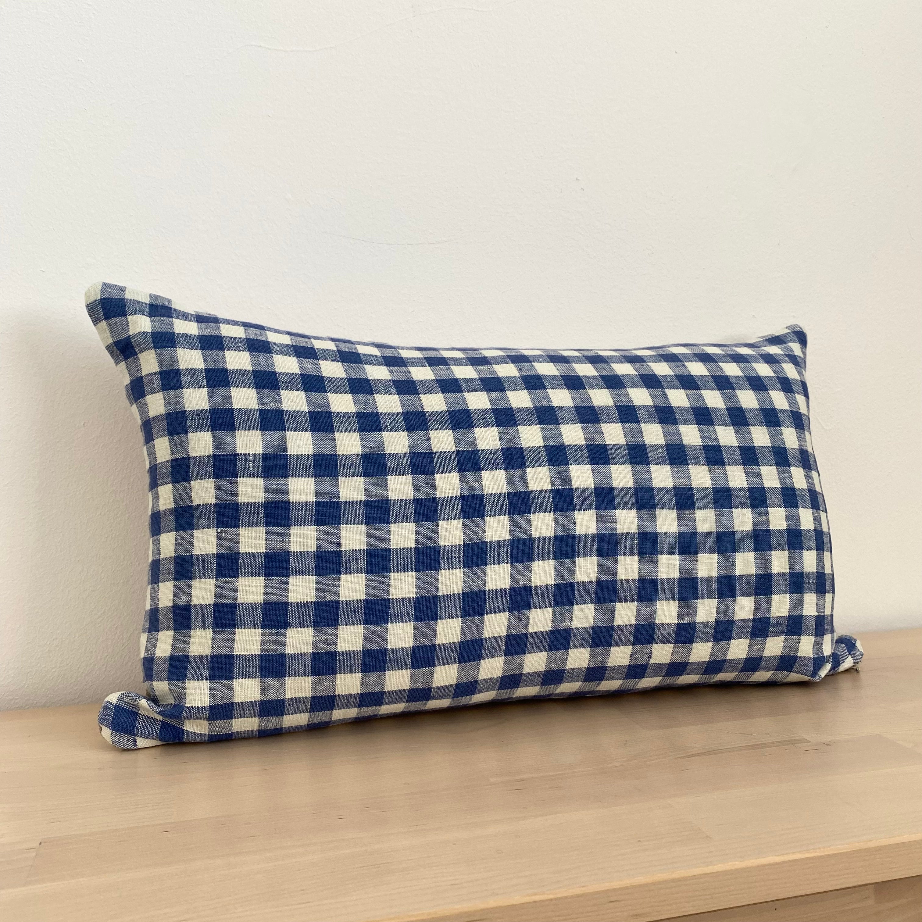 Blue gingham linen cushion